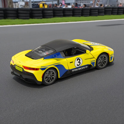 HCF 1:22 Scale Metal Diecast Pull Back Car with Spray, Music & Light – Yellow Sports Racing Car with Openable Doors, Hood, Engine Sound & LED Lights