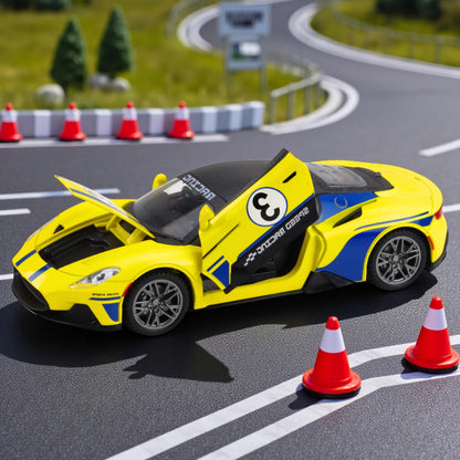 HCF 1:22 Scale Metal Diecast Pull Back Car with Spray, Music & Light – Yellow Sports Racing Car with Openable Doors, Hood, Engine Sound & LED Lights