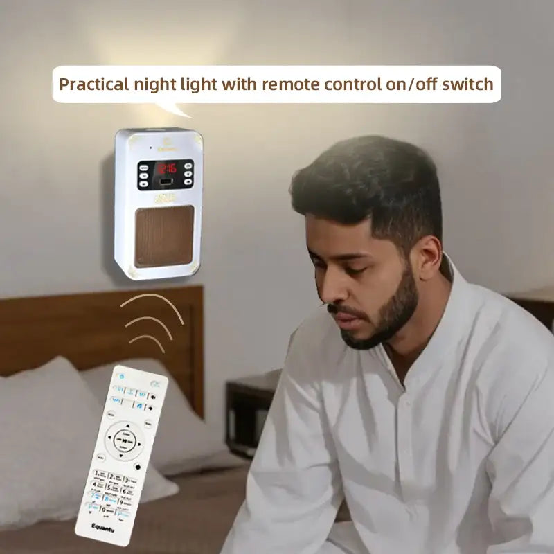 Equantu Holy Quran Bluetooth Wall Speaker with Touch Lamp – 16 Reciters, 16 Translations, MP3 Shortcuts, Remote & App Control, Rechargeable, 8GB Memory - Damoo