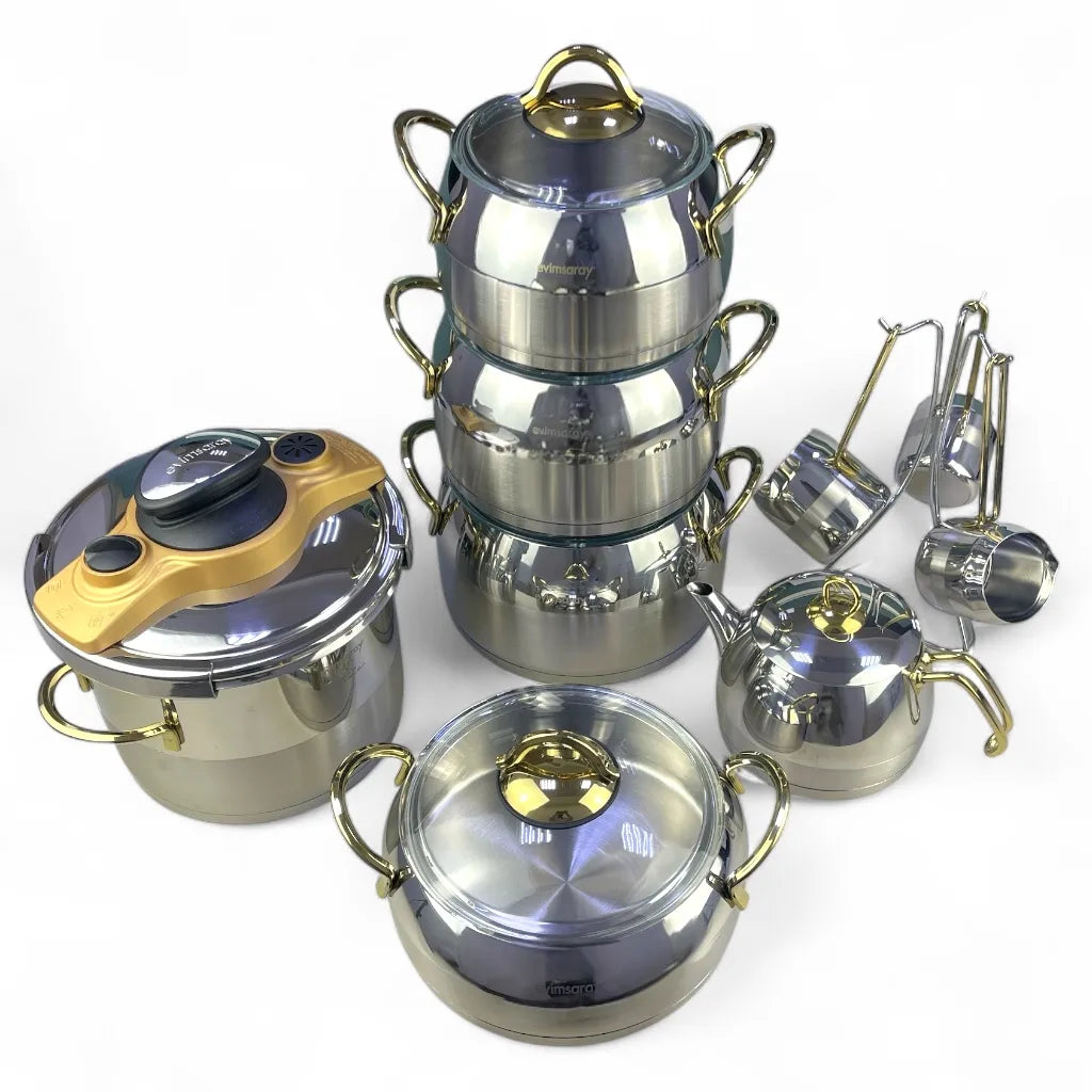 Evimsaray 16 Pieces Premium 18/10 Stainless Steel Cookware Set – Induction Compatible, Non-Toxic, Easy to Clean, Professional Quality Pots and Pans - Damoo