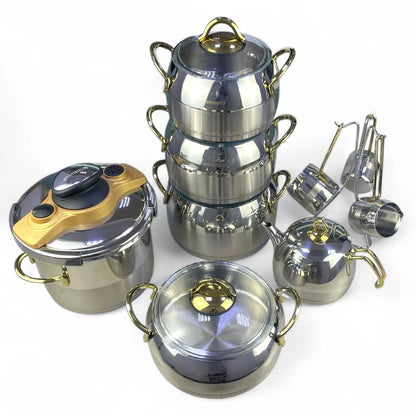 Evimsaray 16 Pieces Premium 18/10 Stainless Steel Cookware Set – Induction Compatible, Non-Toxic, Easy to Clean, Professional Quality Pots and Pans - Damoo