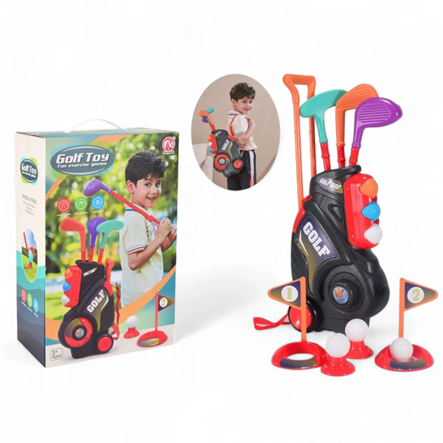 Rong Xing Da Kids Golf Push-Box Backpack Toy Set | Indoor & Outdoor Interactive Sports Game for Young Athletes | Telescopic Pull Rod, Rolling Wheels & Accessories