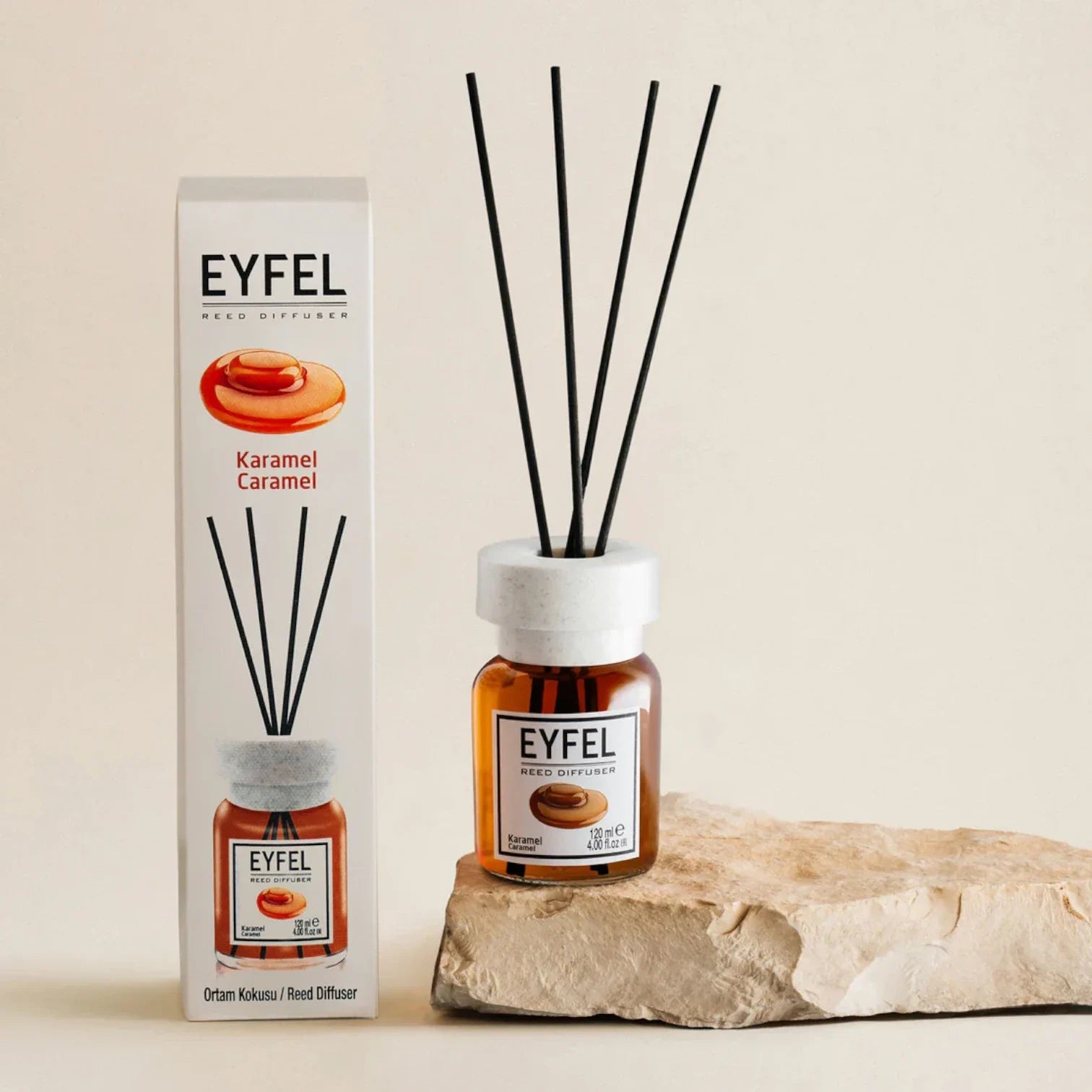 EYFEL Caramel Reed Diffuser – 120ML Home Fragrance with Aroma Sticks | Long-Lasting Sweet Scent | Turkish Essential Oil Diffuser for Living Room, Bedroom, Bathroom & Office - Damoo