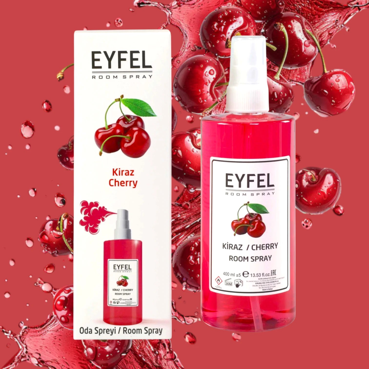 EYFEL Cherry Room Spray – 400ml - Sweet Fruity Cherry Air Freshener - Long-Lasting Fragrance for Home, Bathroom & Office - Damoo