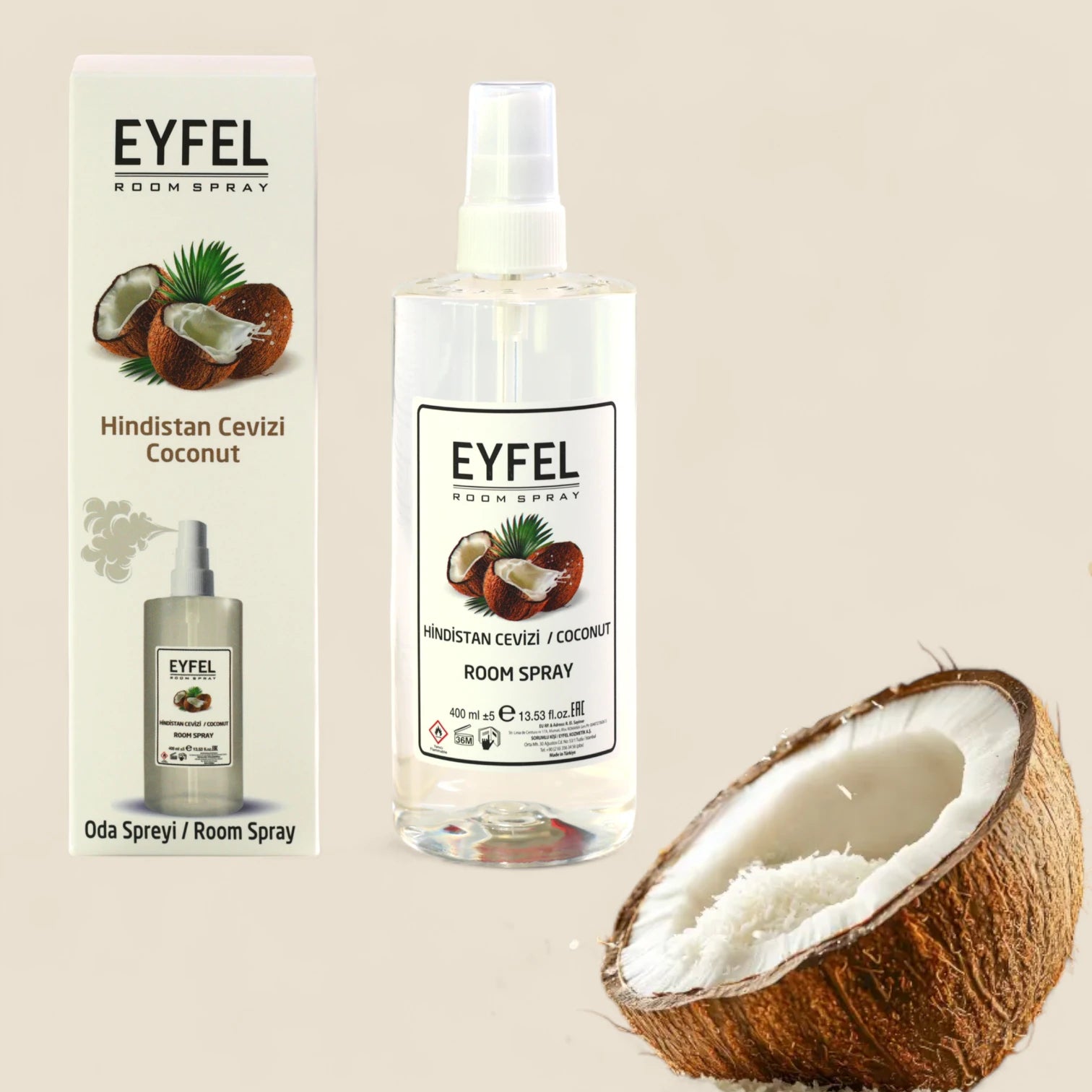 EYFEL Coconut Room Spray – 400 ml Tropical Air Freshener Mist with Exotic Coconut Scent – Long-Lasting Fragrance for Home, Bathroom & Office - Damoo