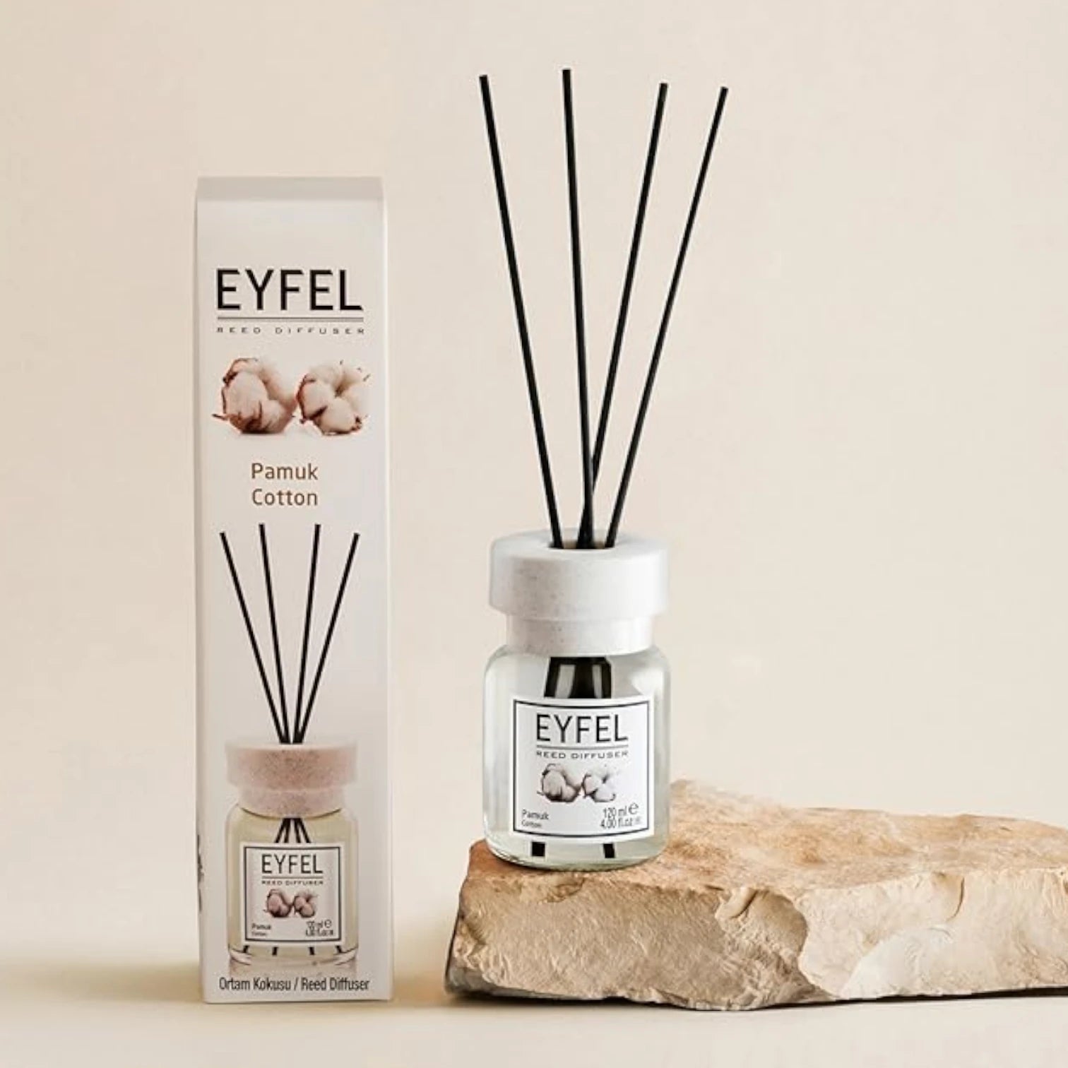 EYFEL Cotton Reed Diffuser – 120ML Long-Lasting Fresh Linen Scent | Home & Office Aromatherapy | Elegant Diffuser Sticks & Bottle | Clean Cotton Fragrance - Damoo