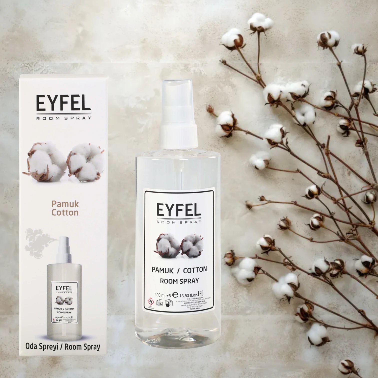 EYFEL Cotton Room Spray – 400 ml Fresh Linen-Inspired Air Freshener Mist – Long-Lasting Clean Cotton Scent for Home, Office & Bedroom - Damoo