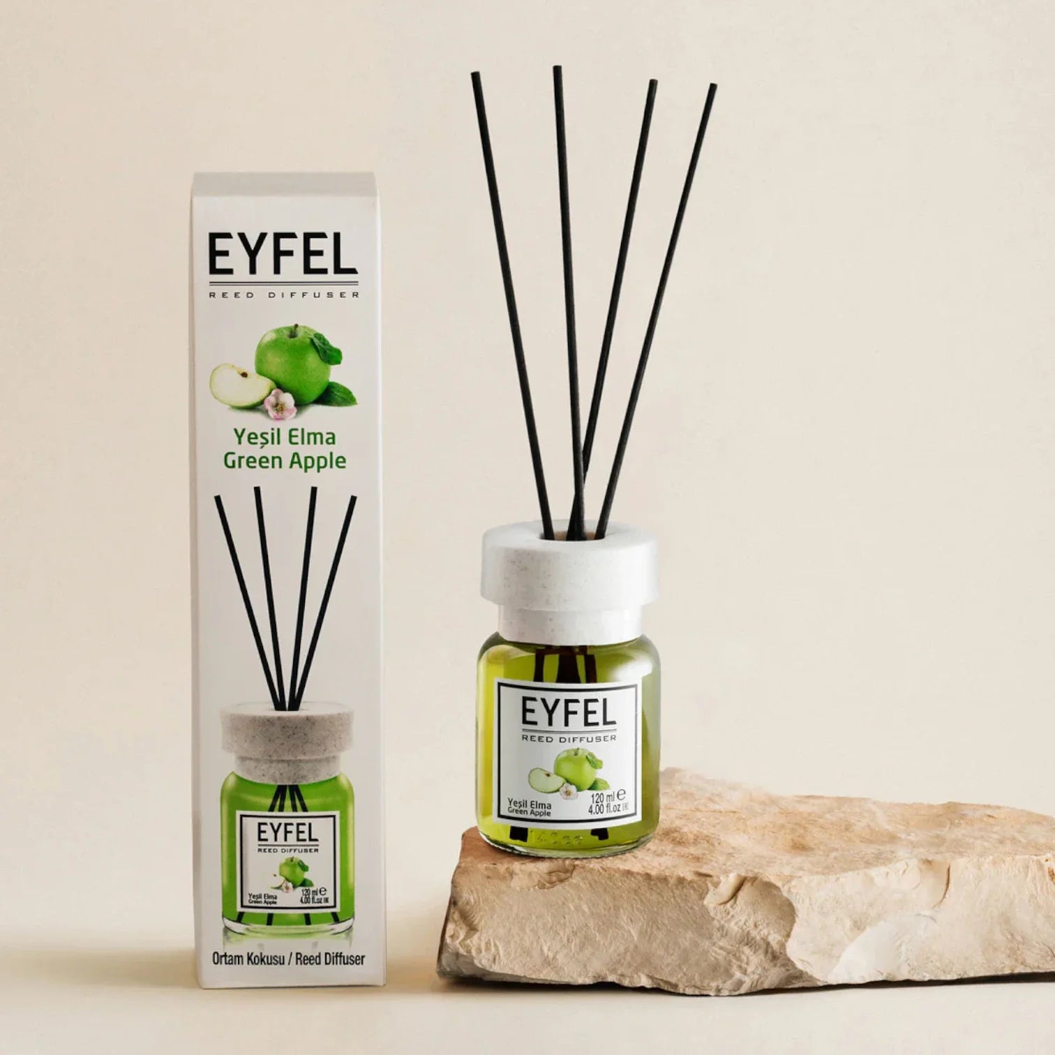 Eyfel Green Apple Reed Diffuser 120ML – Long-Lasting Home Fragrance, Fresh Apple Scent, Scented Oil Diffuser Sticks for Living Room, Office & More - Damoo