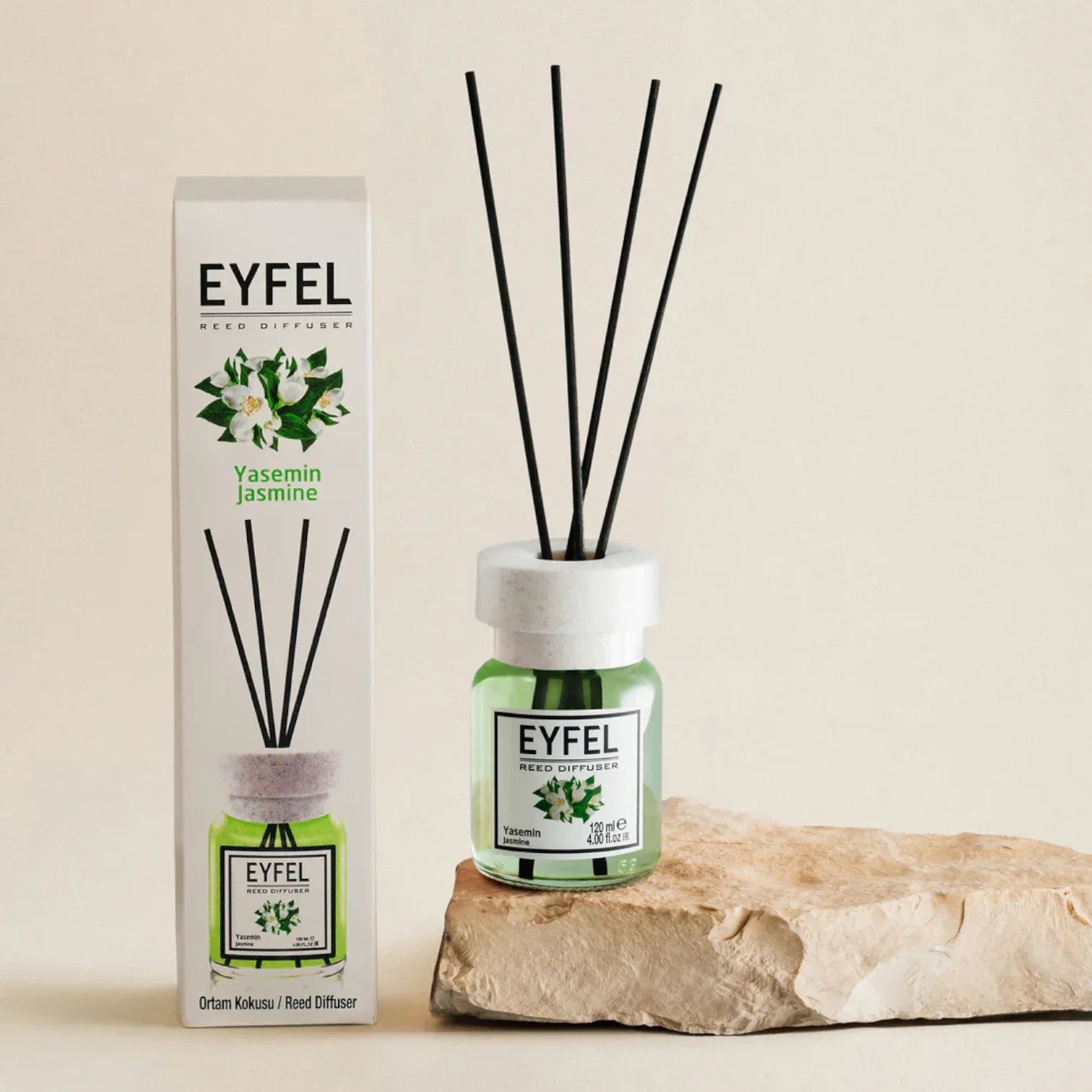 EYFEL Jasmine Reed Diffuser – 120ML Long-Lasting Natural Home Fragrance | Relaxing Floral Aroma | Elegant Green & White Glass Diffuser with Reeds - Damoo