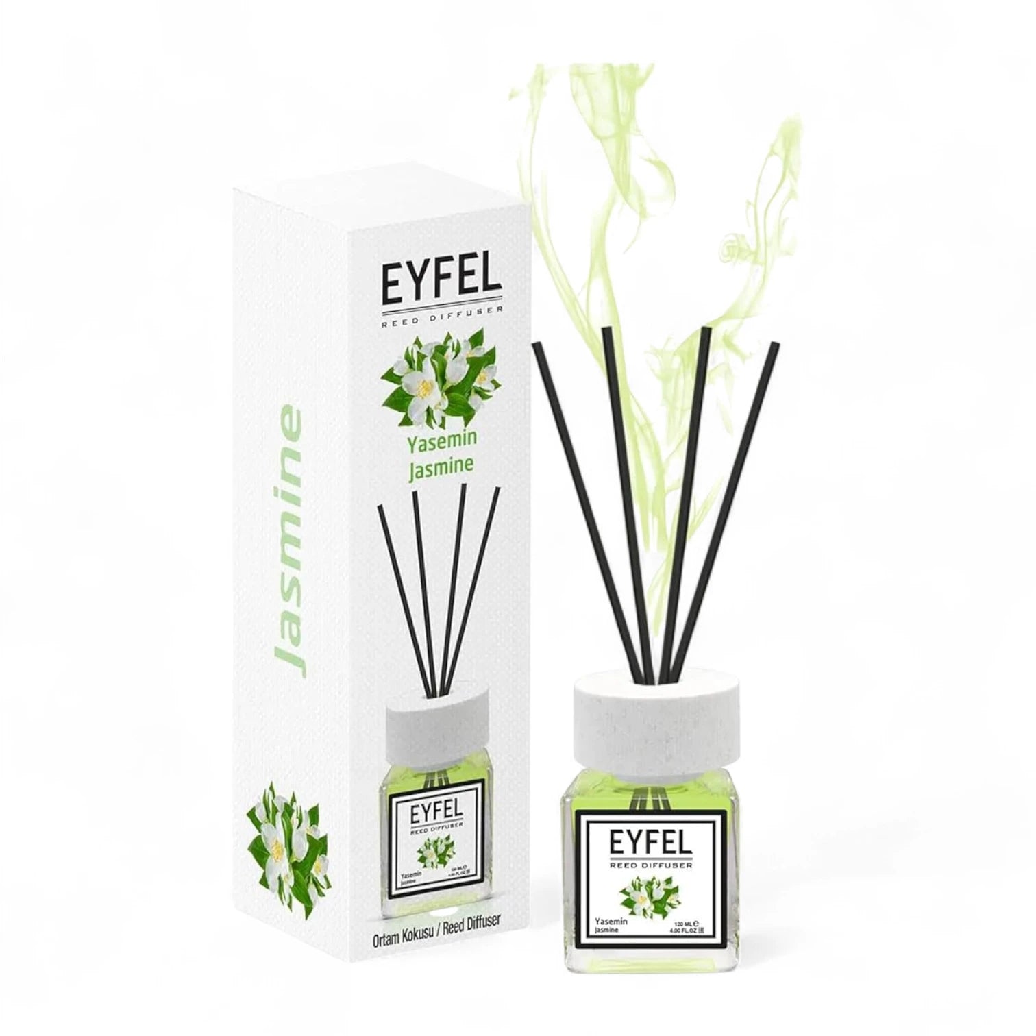 EYFEL Jasmine Reed Diffuser – 120ML Long-Lasting Natural Home Fragrance | Relaxing Floral Aroma | Elegant Green & White Glass Diffuser with Reeds - Damoo