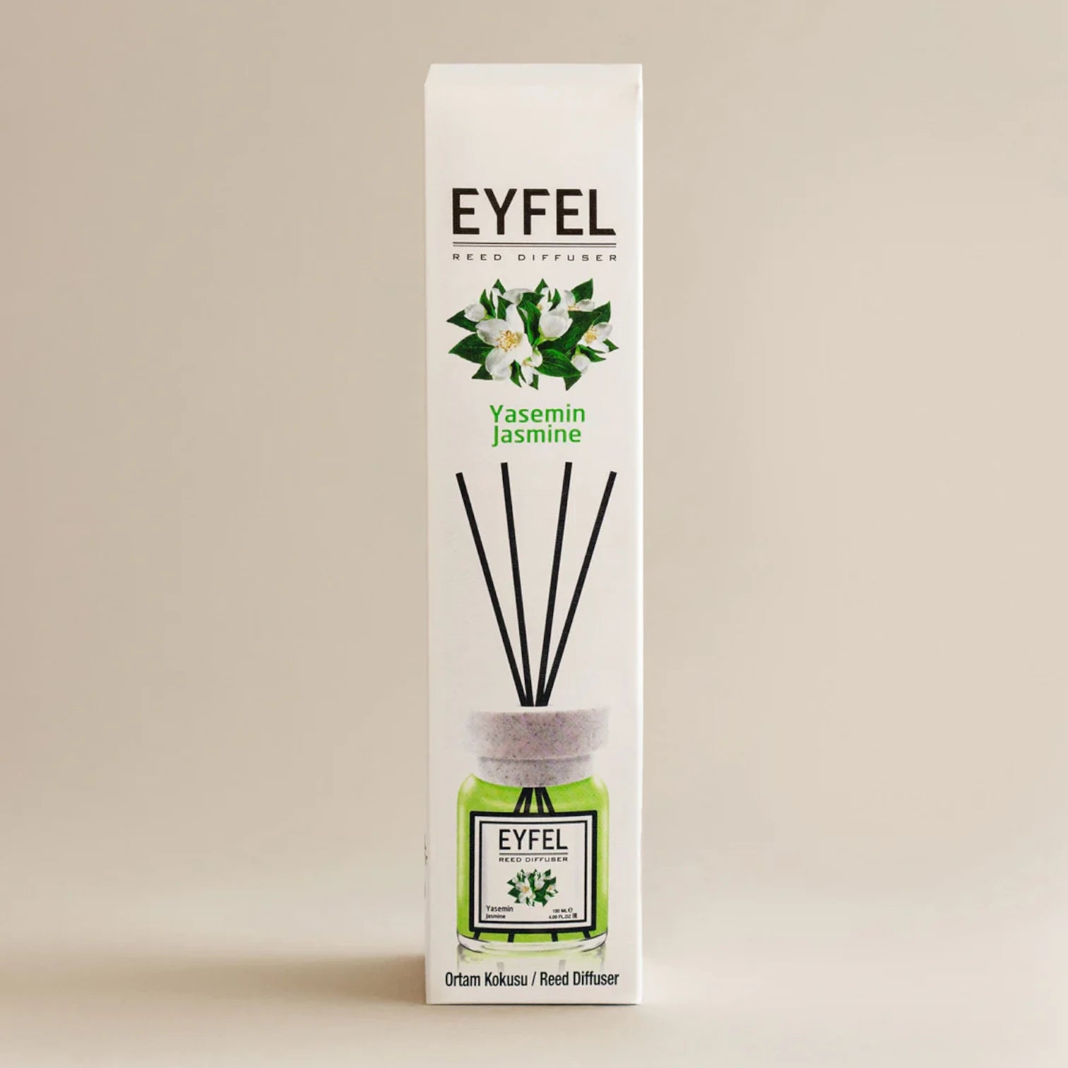 EYFEL Jasmine Reed Diffuser – 120ML Long-Lasting Natural Home Fragrance | Relaxing Floral Aroma | Elegant Green & White Glass Diffuser with Reeds - Damoo