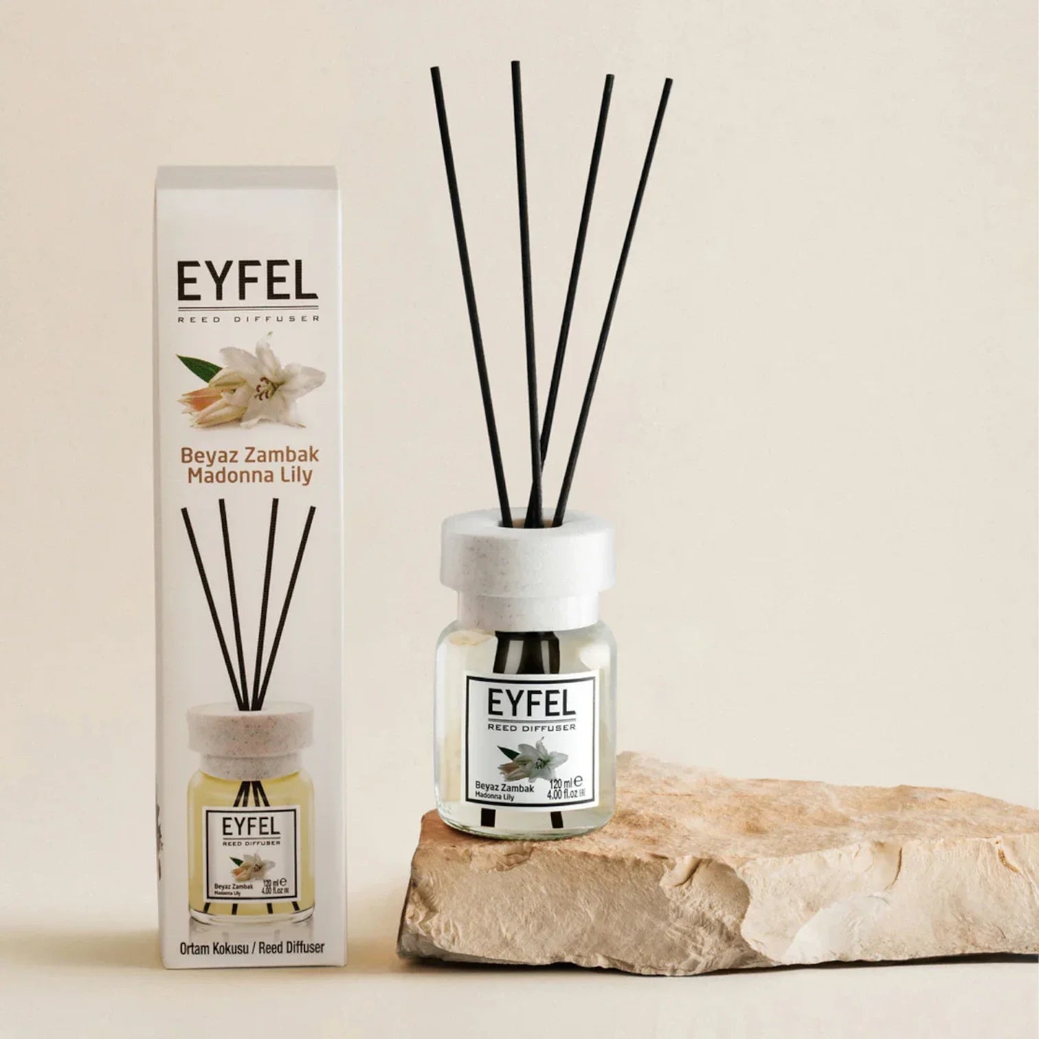 EYFEL Madona Lily Reed Diffuser – 120ML Almond Scent | Long-Lasting Aroma Diffuser for Home, Office & Bathroom | Elegant Decorative Air Freshener - Damoo