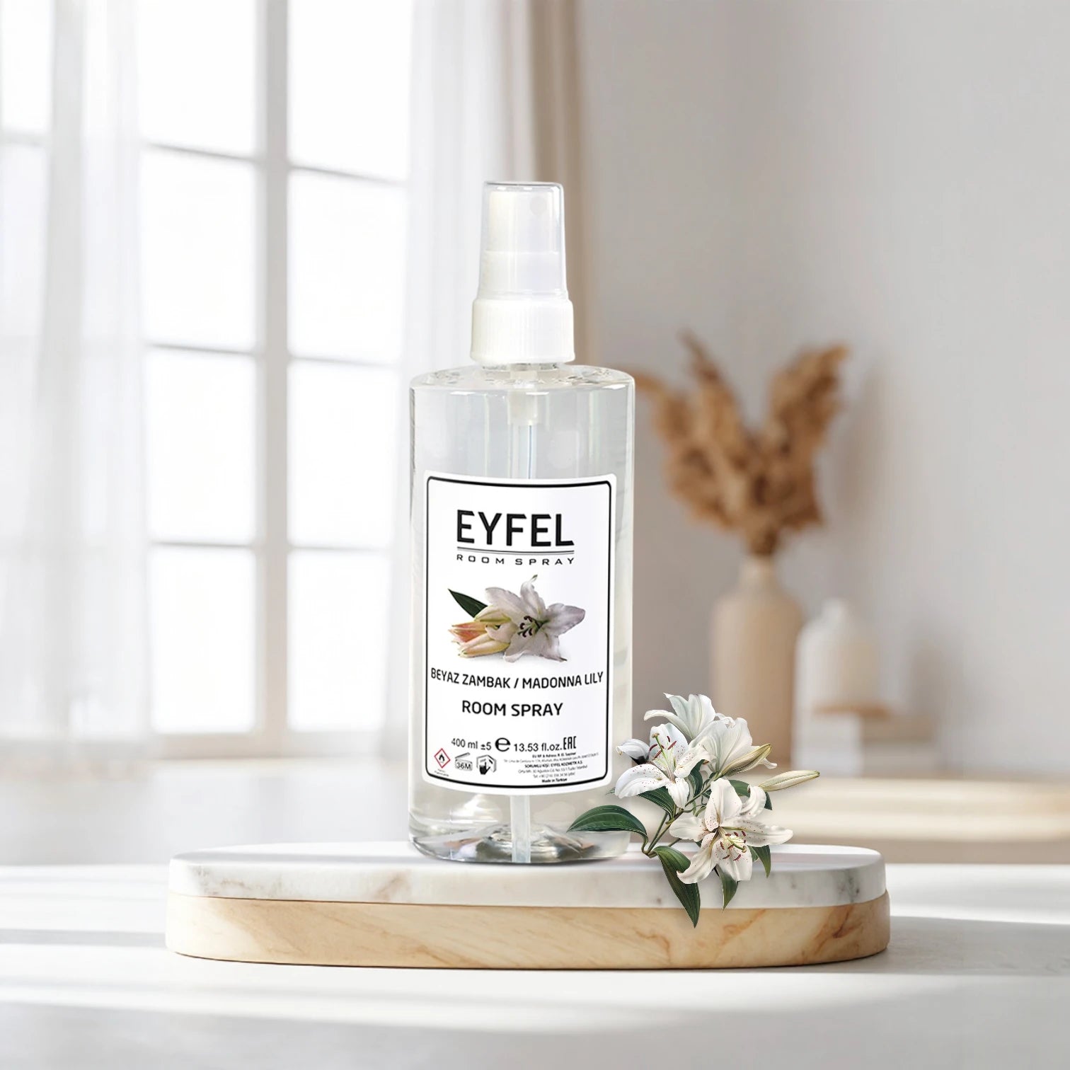 EYFEL Madonna Lily Room Spray – 400ml - Elegant Floral Air Freshener with Wildflower & Soft Wood Notes - Long-Lasting Home Fragrance for Peaceful Living Spaces - Damoo