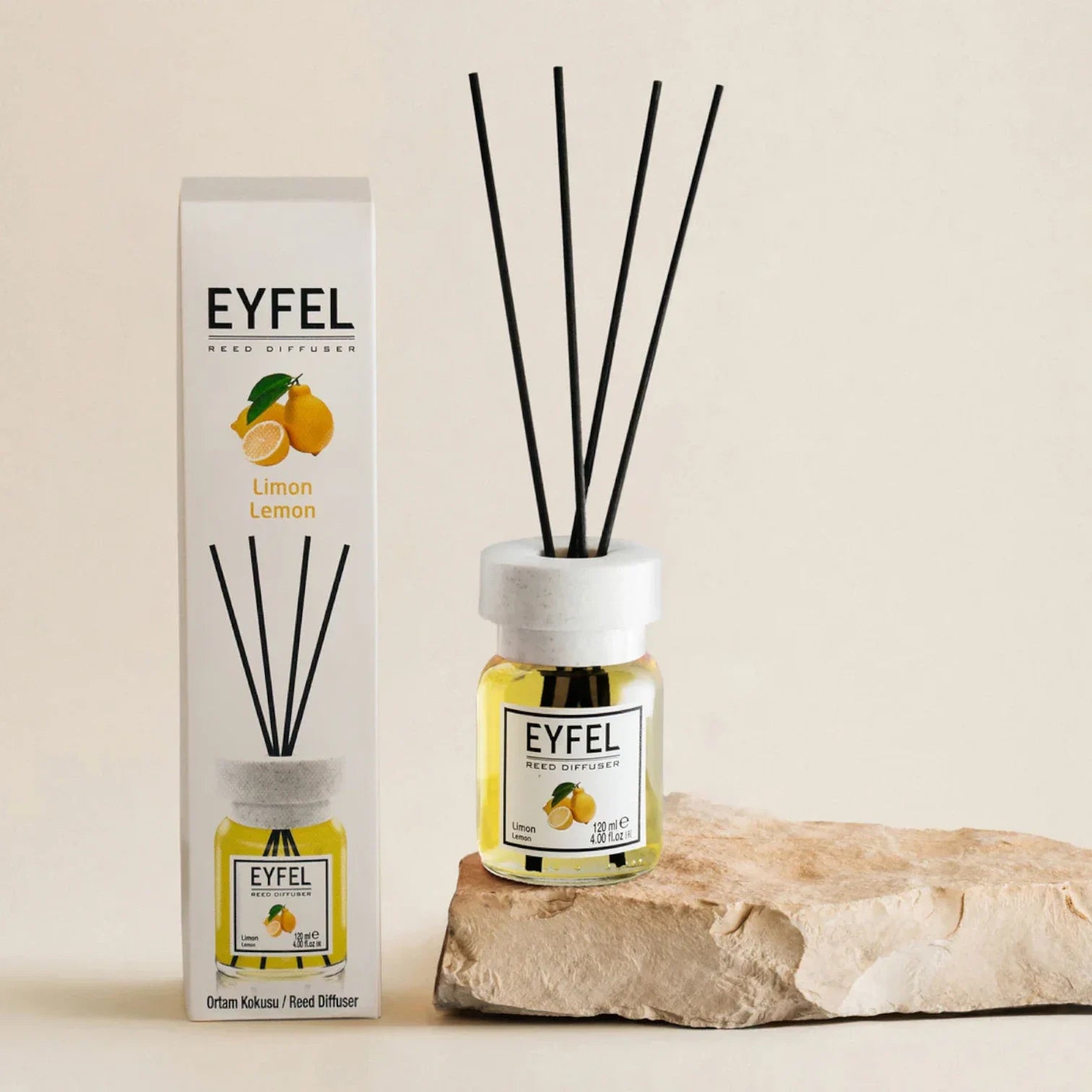 EYFEL Reed Diffuser Lemon 120ml – Fresh Citrus Home Fragrance, Long-Lasting Scented Sticks, Turkish Aromatherapy Diffuser - Damoo