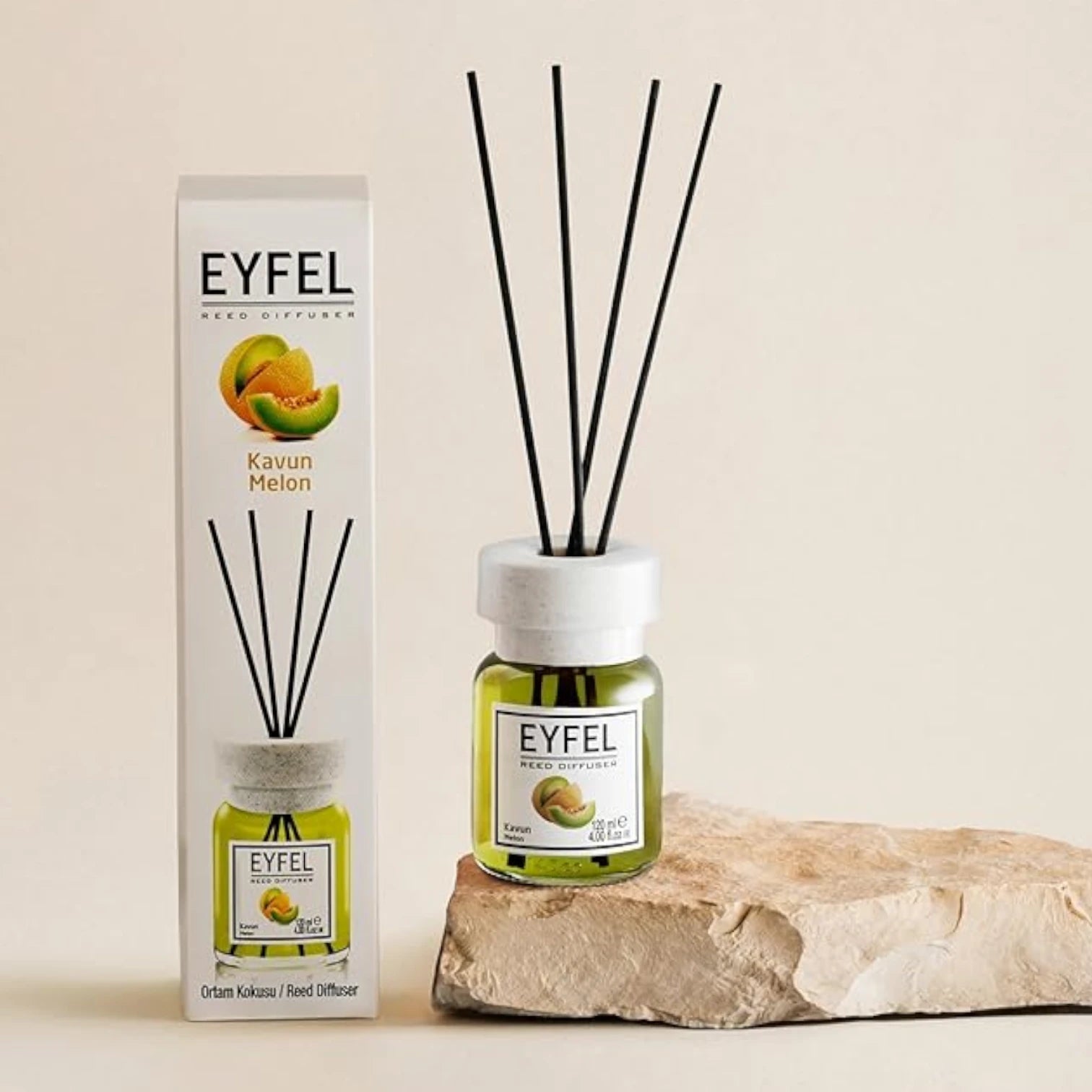 EYFEL Reed Diffuser Melon 120ml – Long-Lasting Fruity Home Fragrance, Scented Sticks for Small Rooms, Glass Bottle - Damoo