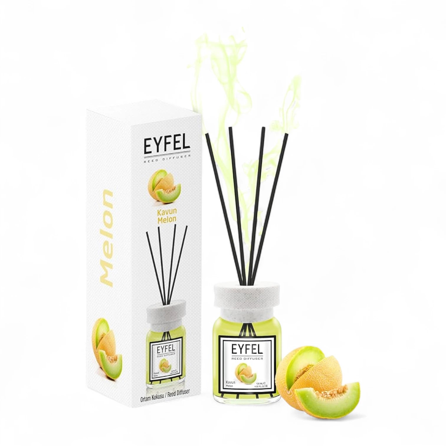 EYFEL Reed Diffuser Melon 120ml – Long-Lasting Fruity Home Fragrance, Scented Sticks for Small Rooms, Glass Bottle - Damoo