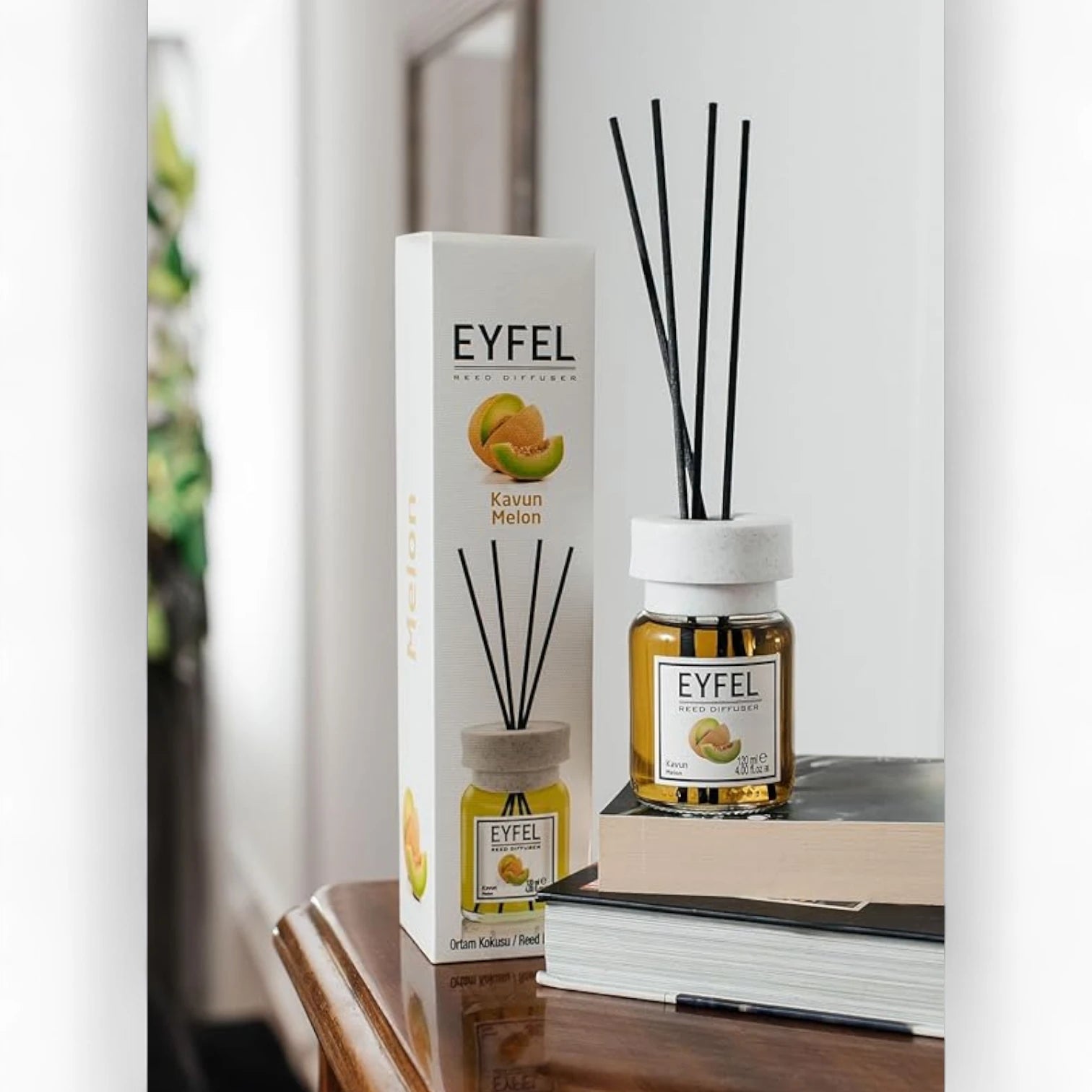 EYFEL Reed Diffuser Melon 120ml – Long-Lasting Fruity Home Fragrance, Scented Sticks for Small Rooms, Glass Bottle - Damoo