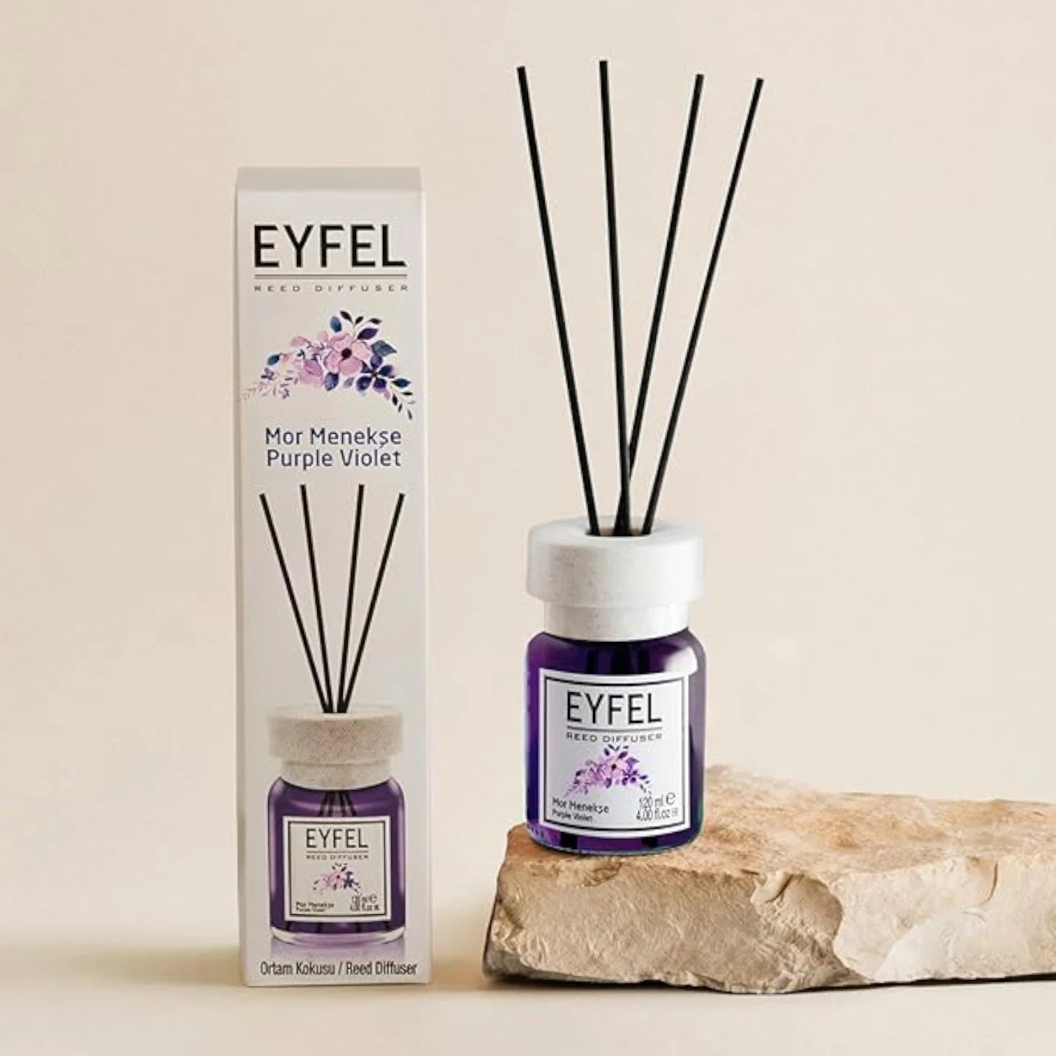 Eyfel Reed Diffuser Purple Violet 120ml – Long-Lasting Violet Aroma for Home & Office, Aromatherapy Scent Diffuser with Glass Bottle - Damoo