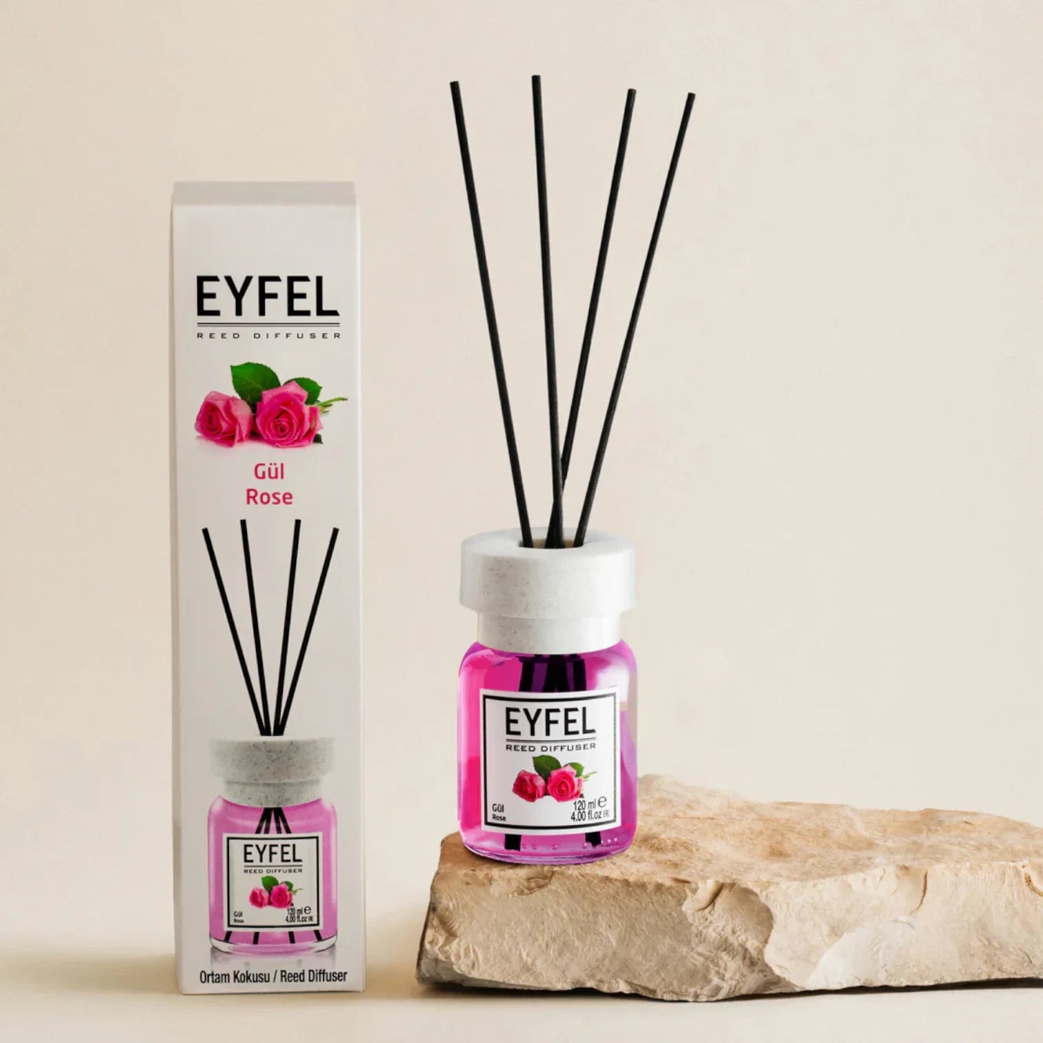 EYFEL Rose Reed Diffuser – 120ML Long-Lasting Floral Home Fragrance | Elegant Glass Bottle & Reed Sticks | Romantic Scent for Home, Office & Gifts - Damoo