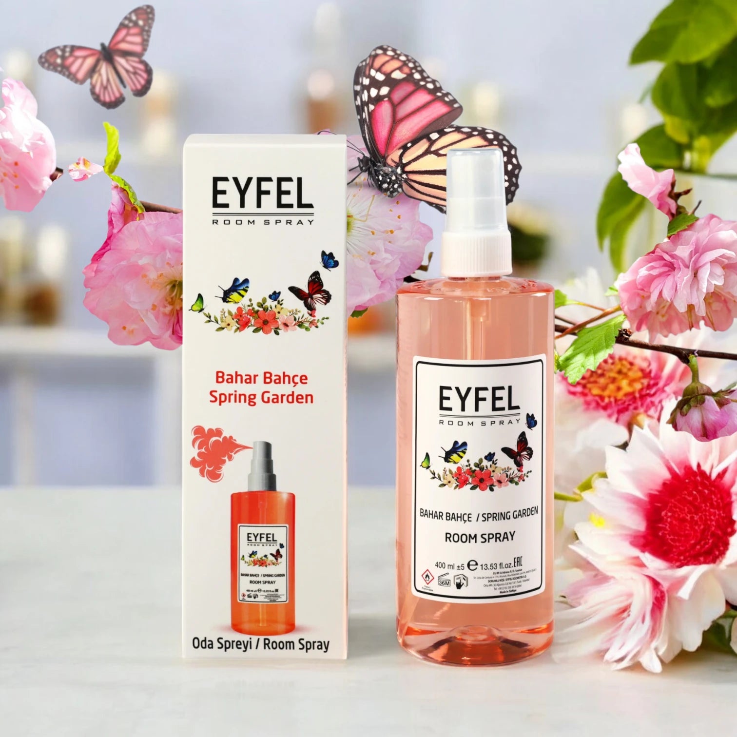 EYFEL Spring Garden Room Spray – 400ml - Floral Home Fragrance with Butterfly Design - Long-Lasting Air Freshener Made in Turkey - Damoo