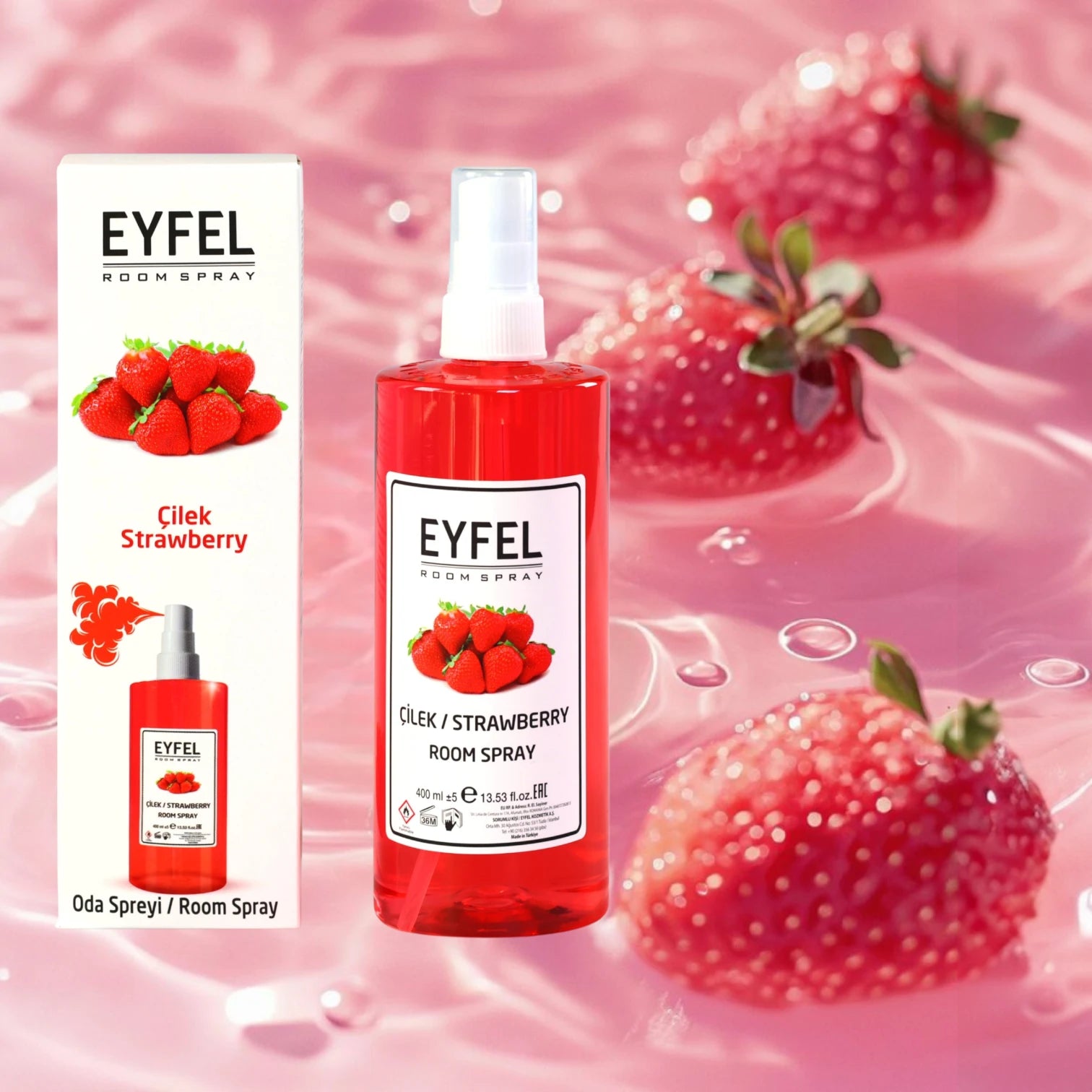 EYFEL Strawberry Room Spray – 400 ml Sweet Fruity Home Air Freshener with Uplifting Strawberry Aroma – Energizing Fragrance Mist for Bedroom, Living Room & Office - Damoo