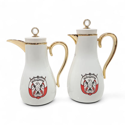 PILSCO Abu Dhabi Logo Vacuum Flask Set (1L + 0.7L) – White & Gold Arabic Coffee & Tea Thermos | Double Wall Insulated | Elegant UAE Emblem Design - Damoo