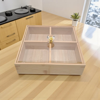 Luxury Wooden Snack Serving Box with Crystal Handle Lid – 4-Compartment Dried Fruit, Nut & Candy Organizer Tray for Home & Parties - Damoo