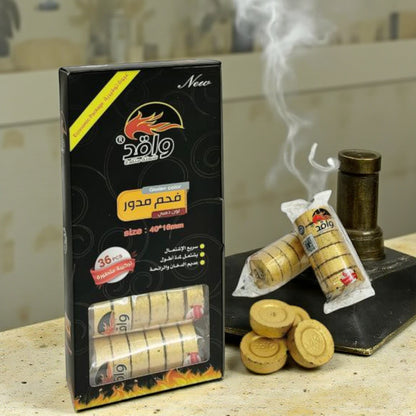 Waqed Golden Charcoal Tablets – 36 Pcs | Quick Light, Long Lasting, Smokeless & Odorless Incense & Shisha Coal