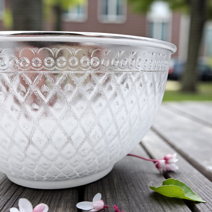 Luxury Engraved Serving Bowl 23cm – Silver & Gold | Premium Decorative Food Bowl for Rice, Salad, Curry & Fruits | Traditional Tableware for Home, Parties, Weddings & Gifting