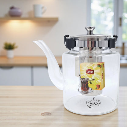 Pyrex Glass Teapot with Stainless Steel Infuser | Heat-Resistant Clear Tea Kettle with Black Handle for Family Use | Borosilicate Teapot for Karak, Tea & Coffee Brewing