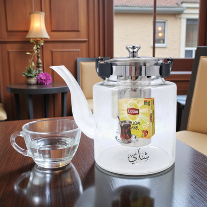 Pyrex Glass Teapot with Stainless Steel Infuser | Heat-Resistant Clear Tea Kettle with Black Handle for Family Use | Borosilicate Teapot for Karak, Tea & Coffee Brewing