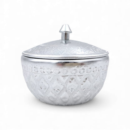 Thai Engraved Aluminum Sugar & Date Bowl with Lid | Silver & Gold | 8.5cm | Hospitality Dish for Sweets, Dates, Sugar & Arabic Coffee Service