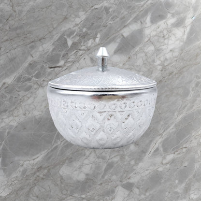 Thai Engraved Aluminum Sugar & Date Bowl with Lid | Silver & Gold | 8.5cm | Hospitality Dish for Sweets, Dates, Sugar & Arabic Coffee Service