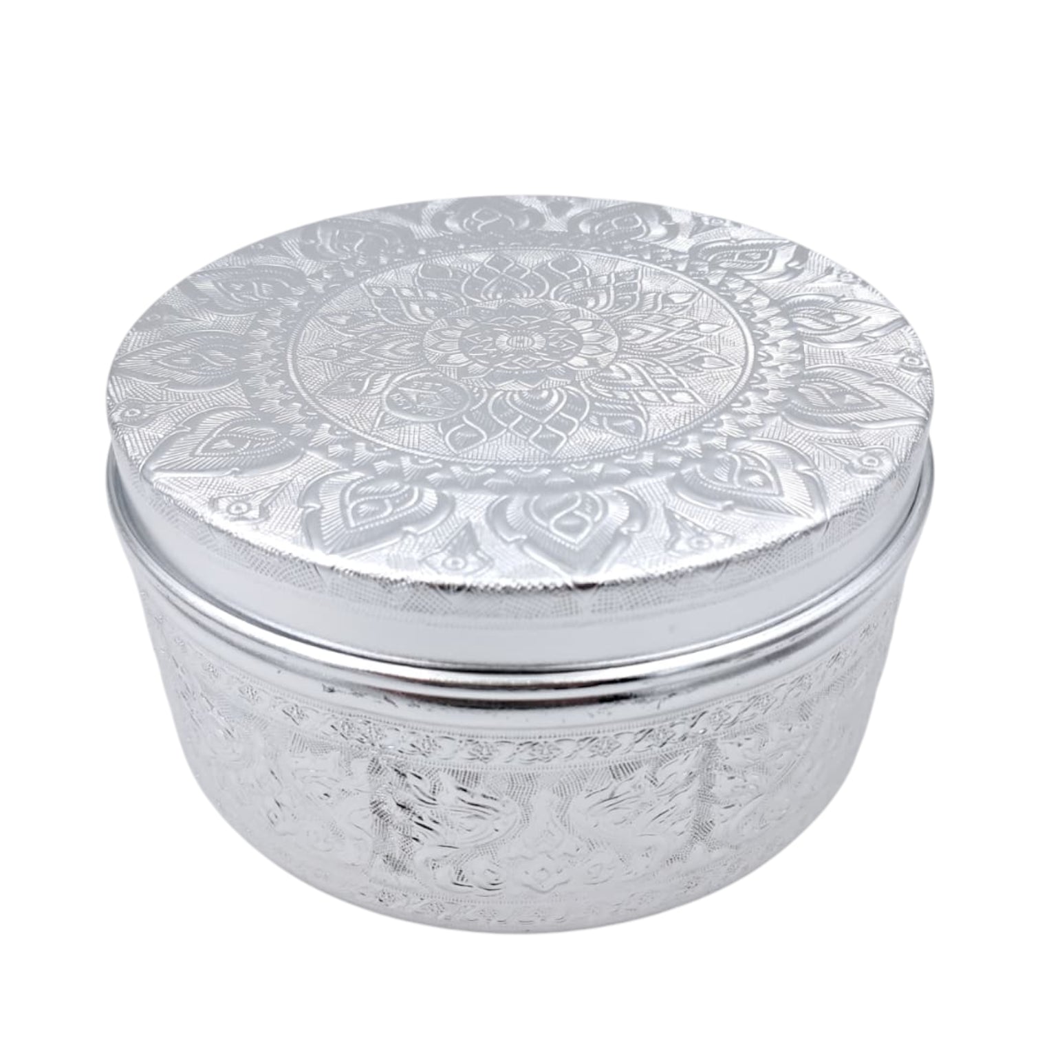 Premium Embossed Aluminum Storage Container with Lid | Decorative Round Metal Box for Sweets, Dates, Spices, Gifts & Home Decor | Lightweight & Durable | H(8cm) x W(15cm) x L(15cm) - Damoo