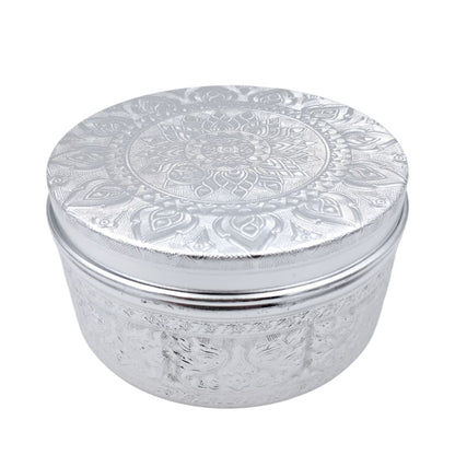 Premium Embossed Aluminum Storage Container with Lid | Decorative Round Metal Box for Sweets, Dates, Spices, Gifts & Home Decor | Lightweight & Durable | H(8cm) x W(15cm) x L(15cm) - Damoo