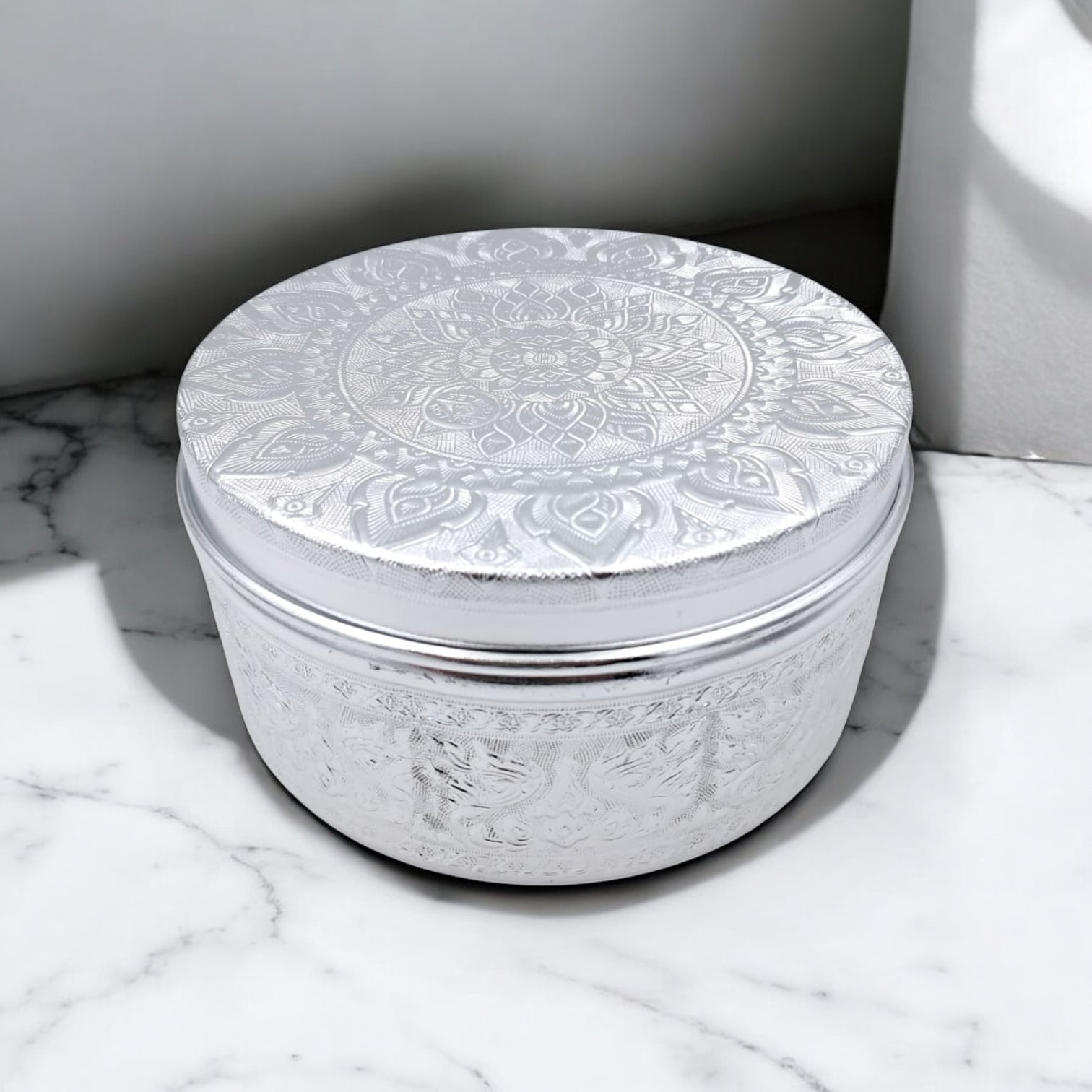 Premium Embossed Aluminum Storage Container with Lid | Decorative Round Metal Box for Sweets, Dates, Spices, Gifts & Home Decor | Lightweight & Durable | H(8cm) x W(15cm) x L(15cm) - Damoo