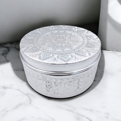 Premium Embossed Aluminum Storage Container with Lid | Decorative Round Metal Box for Sweets, Dates, Spices, Gifts & Home Decor | Lightweight & Durable | H(8cm) x W(15cm) x L(15cm) - Damoo