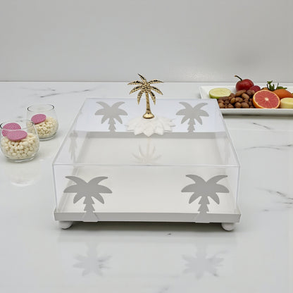 صينية تقديم أكريليك مربعة الشكل بتصميم شجرة نخيل بيضاء مع غطاء مقبب - طبق أنيق شفاف لعرض الحلويات | صينية حلوى وكعك فاخرة بمقبض ذهبي