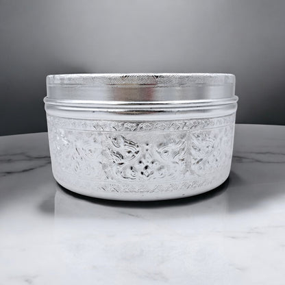 Premium Embossed Aluminum Storage Container with Lid | Decorative Round Metal Box for Sweets, Dates, Spices, Gifts & Home Decor | Lightweight & Durable | H(8cm) x W(15cm) x L(15cm) - Damoo