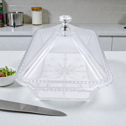 Luxury Acrylic Rectangle Candy Box & Serving Tray with Dome Cover – Crystal-Style Dessert Storage for Sweets, Snacks, Chocolates & Pastries – Silver Clear Lid - Damoo