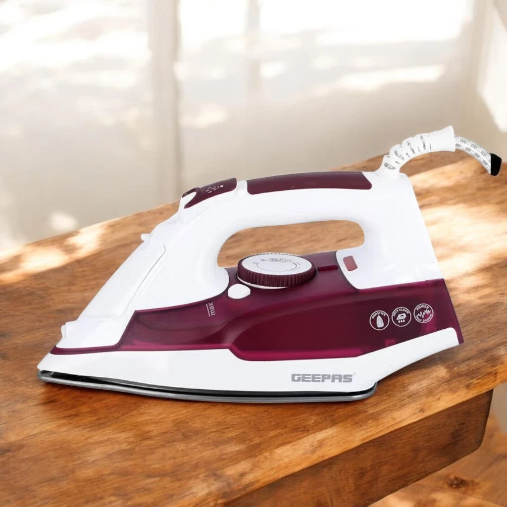 Geepas 2400W Powerful Steam Iron with Non-Stick Soleplate – 240ml Water Tank, Vertical Steam & Spray Function, Self-Cleaning, 5-Mode Temperature Dial for Clothes, Curtains & Upholstery | GSI7809 - Damoo
