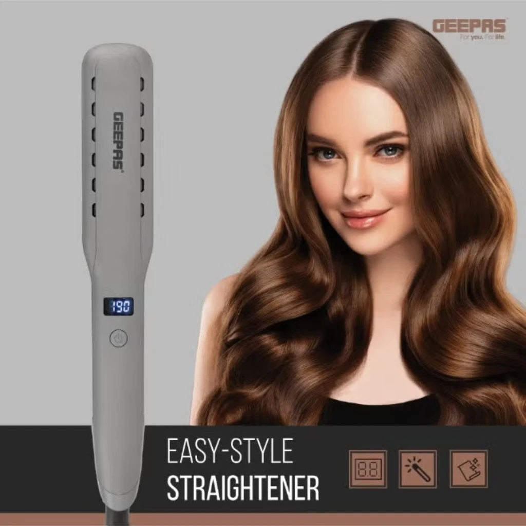 Geepas Wet and Dry Hair Straightener – 230°C Adjustable Temperature, Ceramic Coated Floating Plates, Ionic Function, LCD Display, Steam Release, 360° Swivel Cord & Hanging Loop – For All Hair Types - GHS86050 - Damoo