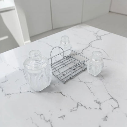 Acrylic Sugar Salt & Pepper Pot Set with Metal Rack, 3 Piece Clear Storage Jars with Lids for Kitchen Countertop Seasoning Organizer, Multi-Purpose Condiment Container Set - Damoo