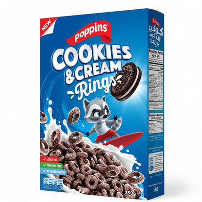 Poppins Cookies & Cream Rings Cereal – 350g | Creamy Chocolate Breakfast or Snack | Trans Fat Free, No Added Colors, Low Fat - Damoo