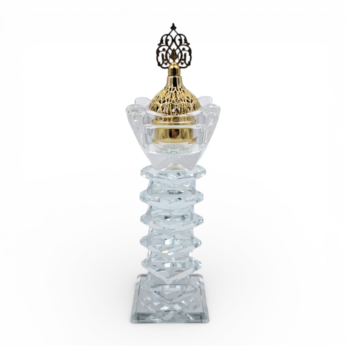 Luxury Crystal Mibkhara Incense Burner – Black or White Glass with Gold Lid, Decorative Bakhoor Burner for Home & Majlis (21H x 6L × 6W CM) - Damoo