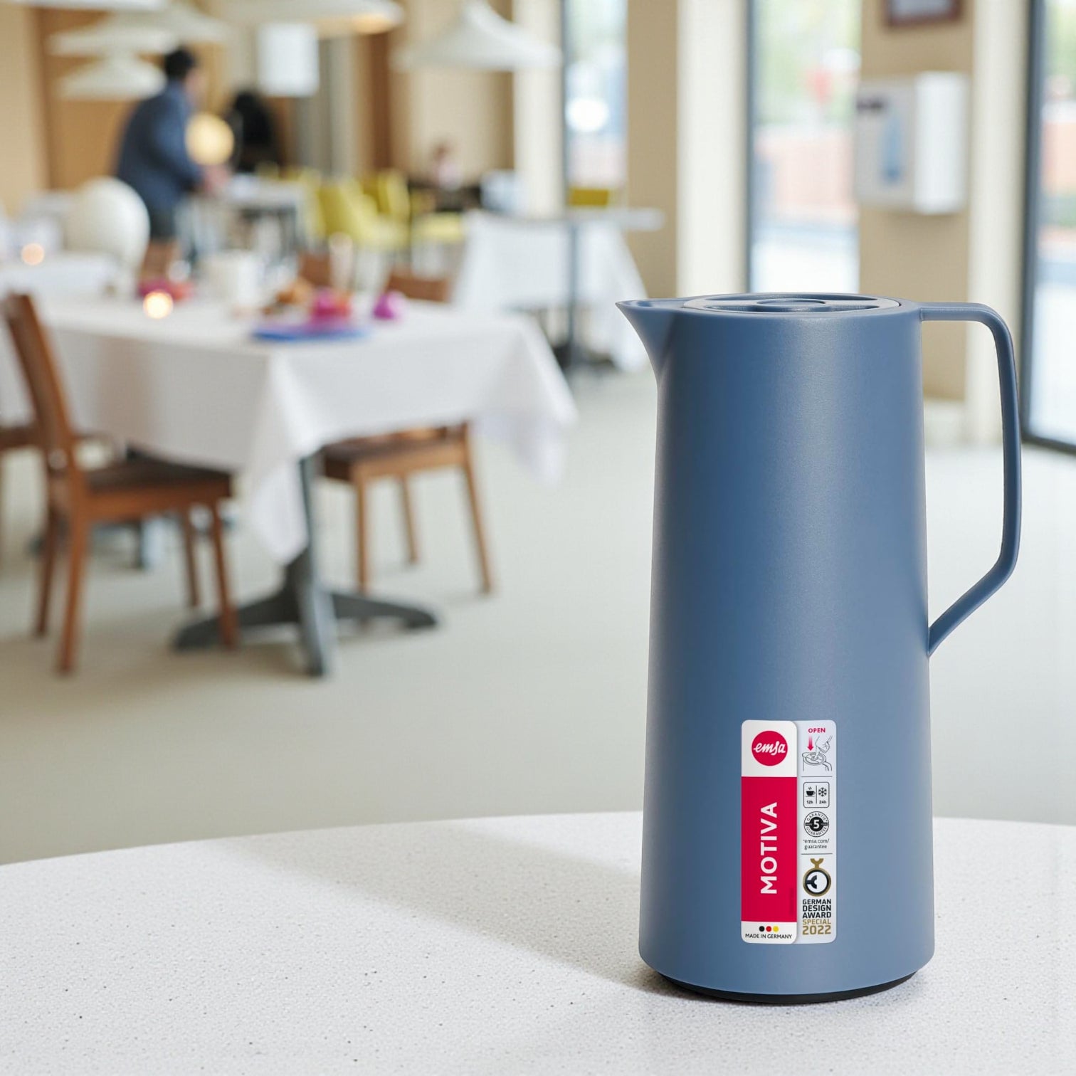 Emsa Motiva Vacuum Jug 1L –  Northern Blue | Nordic Design Insulated Flask with Quick-Press Closure – Keeps Drinks Hot for 12 Hours & Cold for 24 Hours | Made in Germany - Damoo