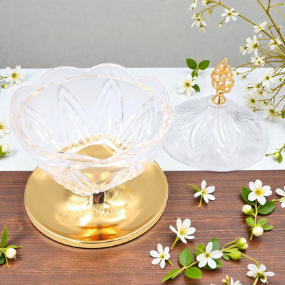 FURSAN Luxury Acrylic Date Bowl with Lid & Gold Stainless Steel Base – Elegant Candy & Dessert Serving Dish (21H x 14L × 14W CM) - Damoo