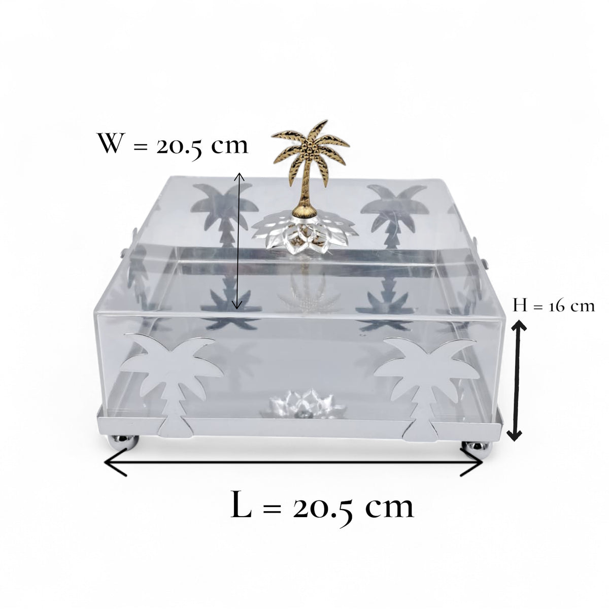 Luxury Silver Palm Tree Acrylic Box with Golden Lid Handle – Elegant Decorative Tray for Sweets, Dates & Jewelry (H16cm x W20.5cm x L20.5cm)