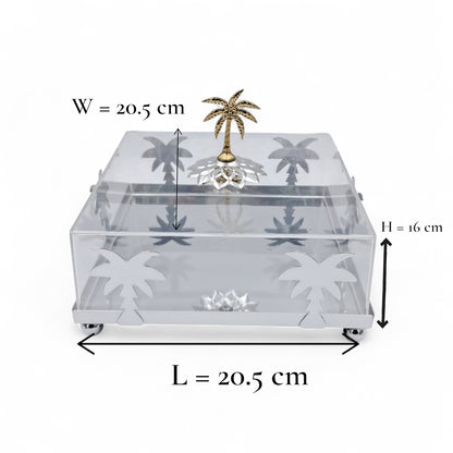 Luxury Silver Palm Tree Acrylic Box with Golden Lid Handle – Elegant Decorative Tray for Sweets, Dates & Jewelry (H16cm x W20.5cm x L20.5cm)