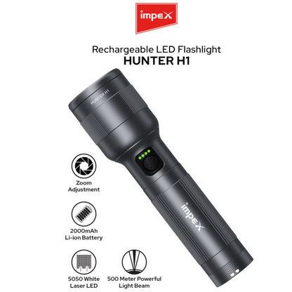 Impex Hunter H1 Rechargeable LED Flashlight | 5050 White Laser LED | 2000mAh Li-ion Battery | 4 Light Modes | 500m Beam | Type-C Fast Charging | Waterproof Aluminum Body